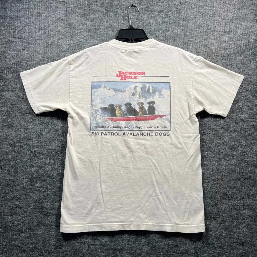 Vintage Jackson Hole Ski Patrol Avalanche Dogs T-Shirt Mens Medium White AAA